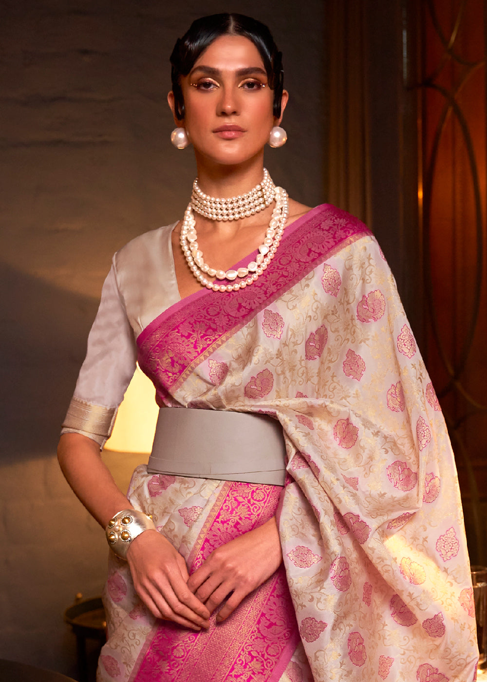 White & Pink Zari Woven Soft Silk Saree - Colorful Saree