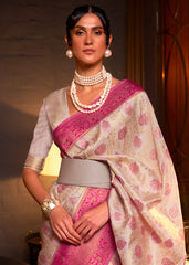 White & Pink Zari Woven Soft Silk Saree - Colorful Saree