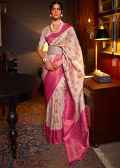 White & Pink Zari Woven Soft Silk Saree - Colorful Saree