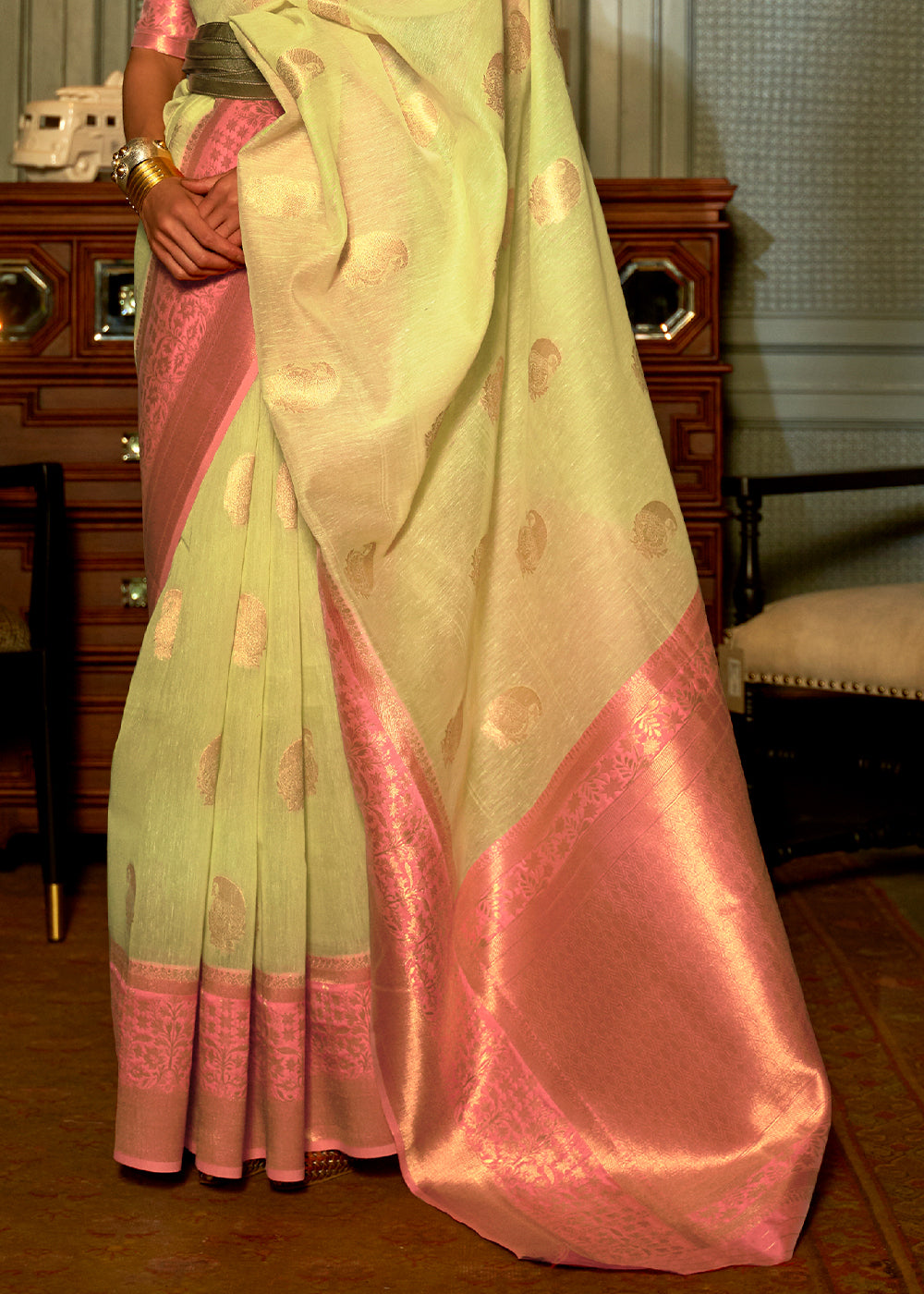 Light Lime Green Copper Zari Woven Linen Silk Saree - Colorful Saree