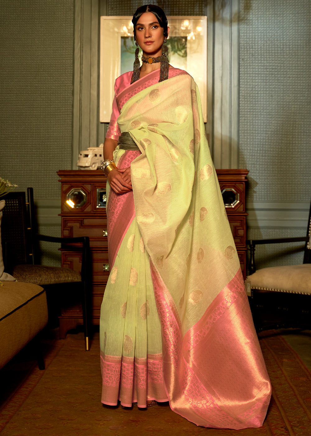 Light Lime Green Copper Zari Woven Linen Silk Saree - Colorful Saree