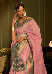 Flamingo Pink Copper Zari Woven Linen Silk Saree - Colorful Saree