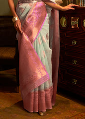 Light Blue Copper Zari Woven Linen Silk Saree - Colorful Saree