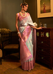 Light Blue Copper Zari Woven Linen Silk Saree - Colorful Saree