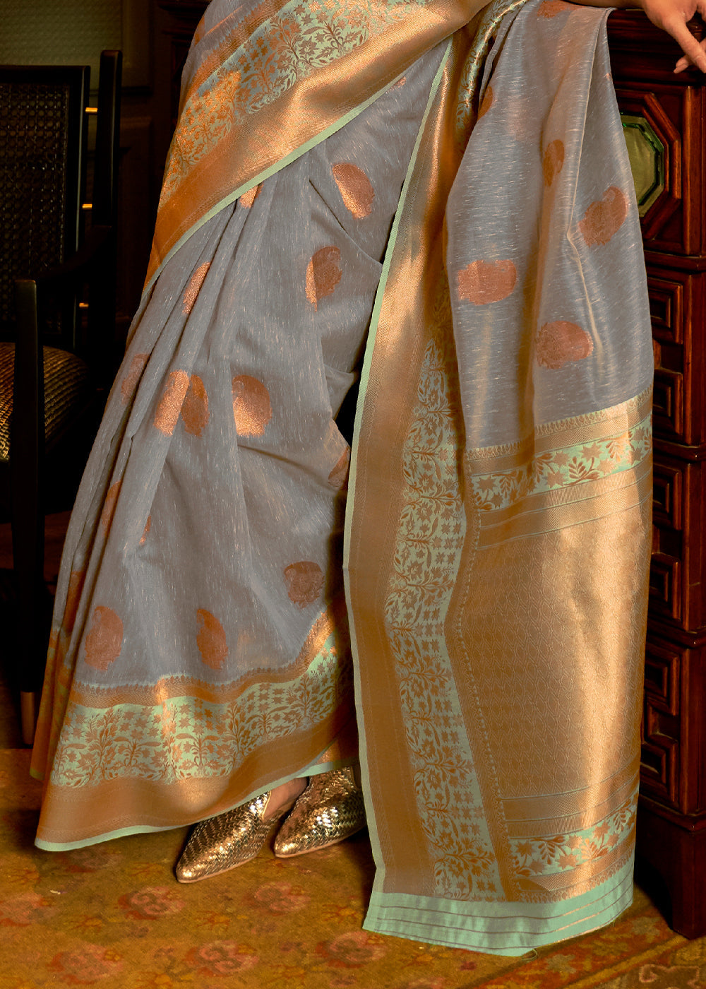 Lead Grey Copper Zari Woven Linen Silk Saree - Colorful Saree