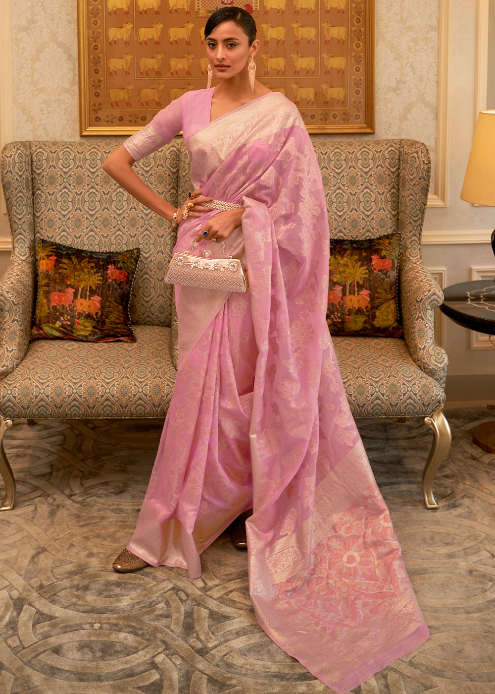 Vivid Pink Handloom Woven Silk Saree with Sequins work - Colorful Saree