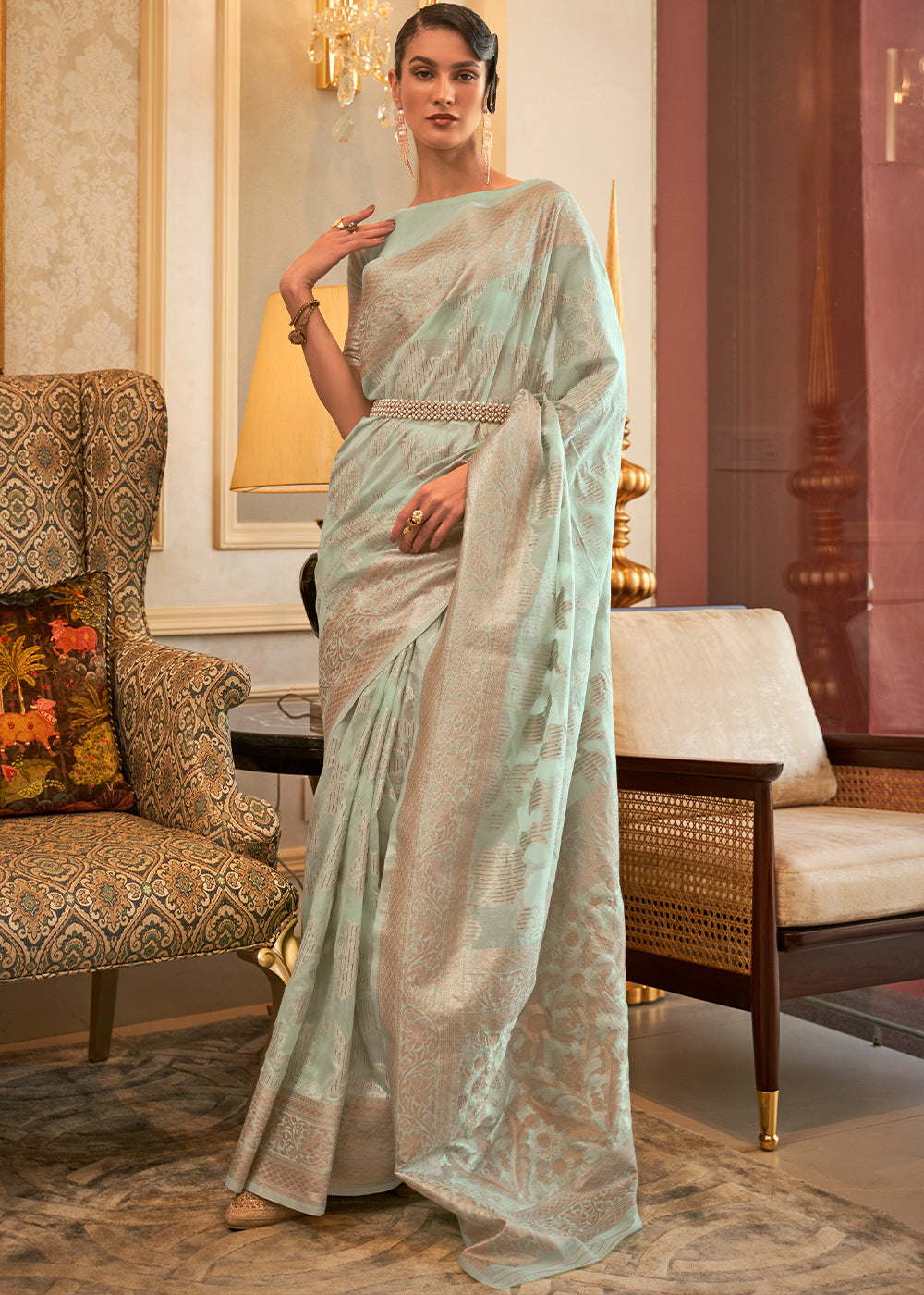 Mint Green Handloom Woven Silk Saree with Sequins work - Colorful Saree