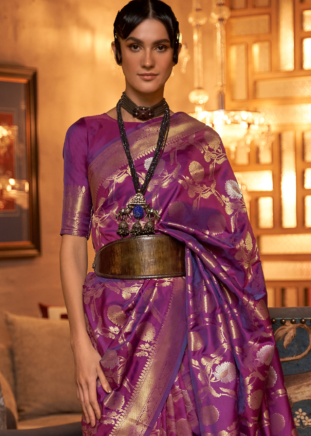Royal Purple Woven Banarasi Silk Saree with Tassels on Pallu - Colorful Saree
