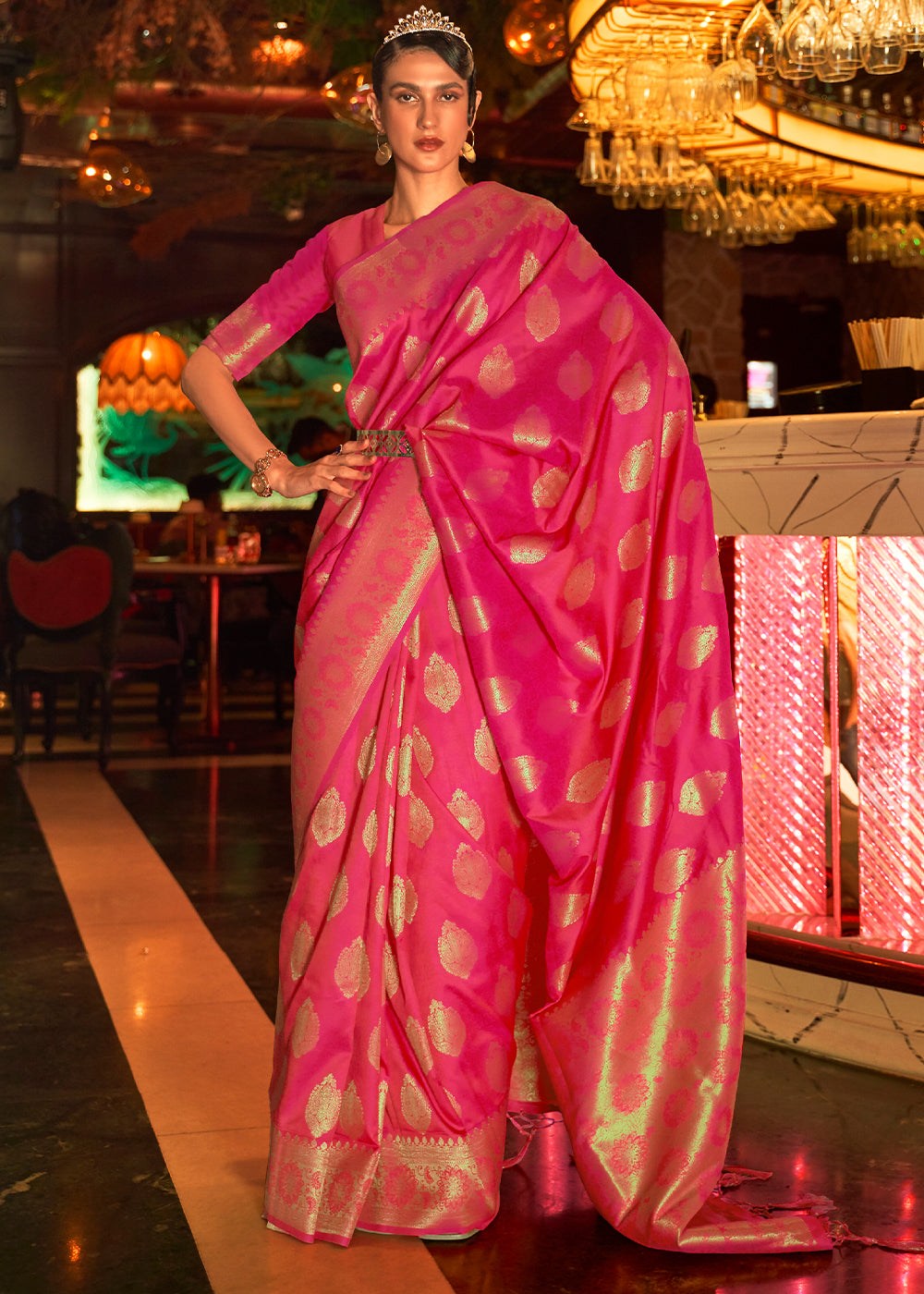 Bright Pink Handloom Woven Banarasi Silk Saree - Colorful Saree