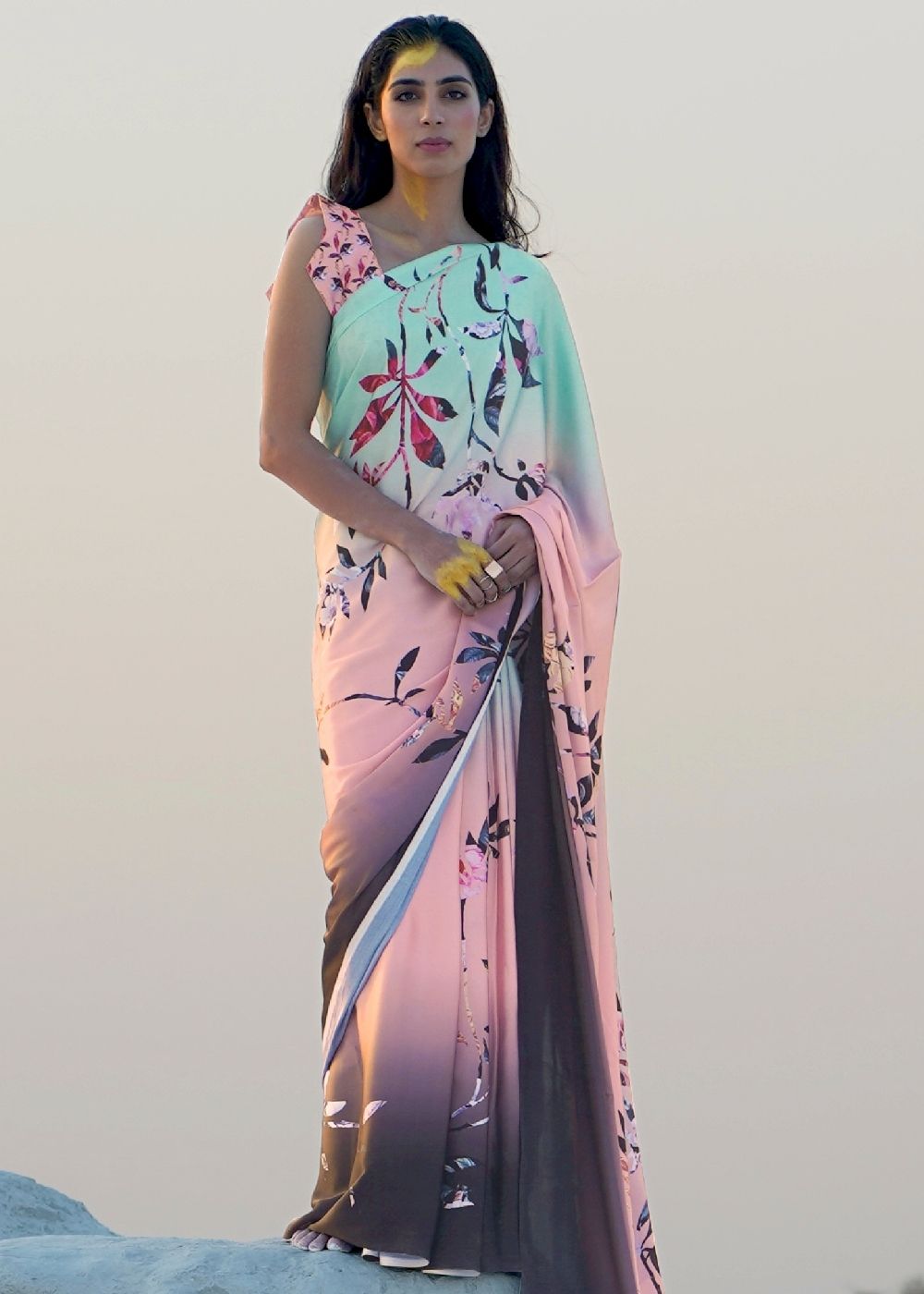 Arctic Blue and Pink Digital Printed Crepe Silk Saree - Colorful Saree