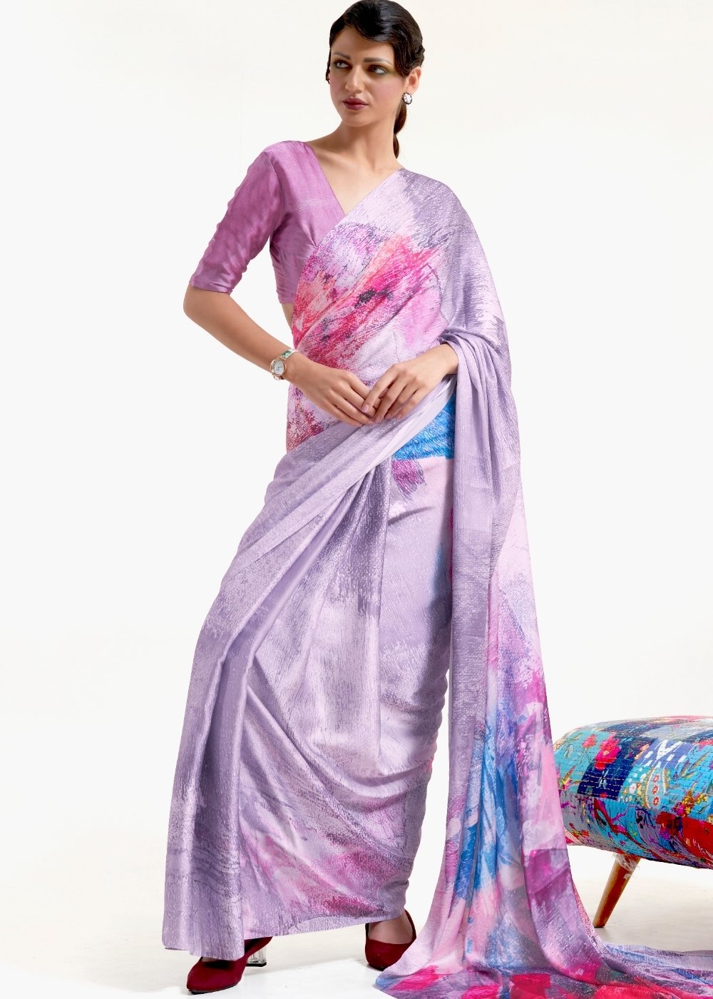 Periwinkle Purple Digital Printed Satin Crepe Saree - Colorful Saree