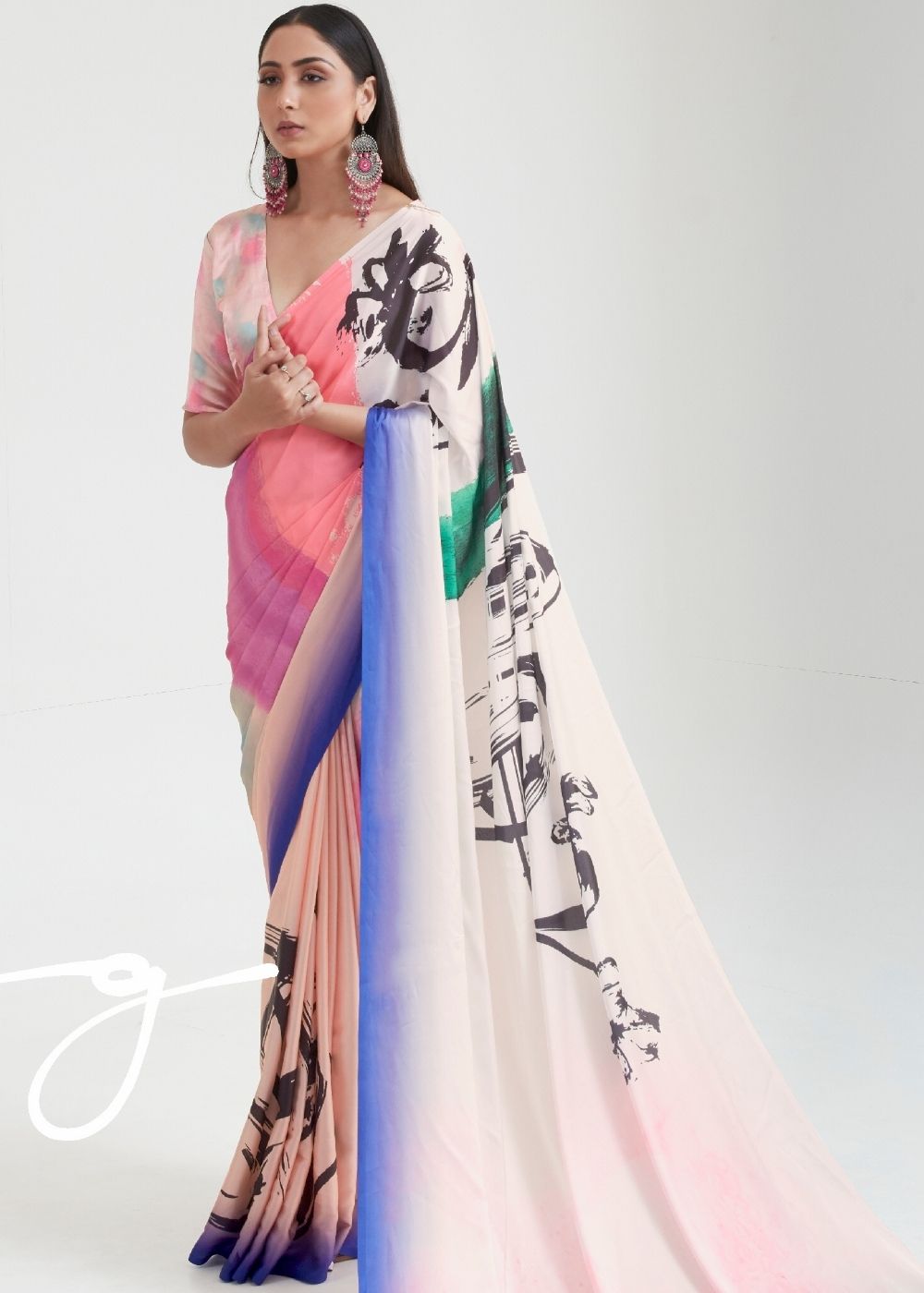 Baby Pink Satin Silk Digital Printed Saree - Colorful Saree