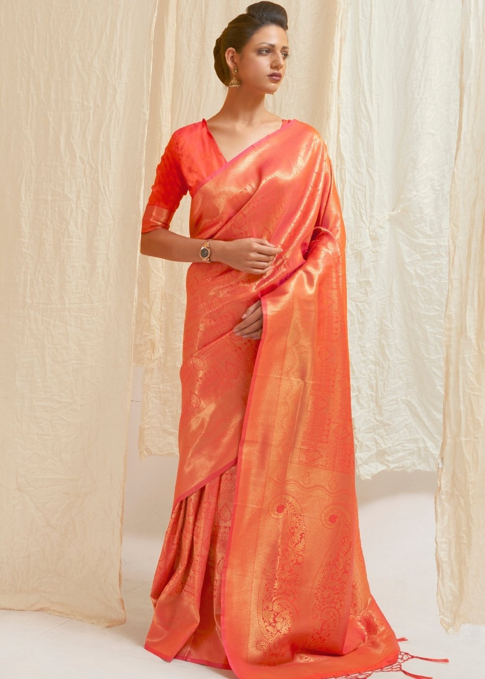 Salmon Orange & Golden Blend Kanjivaram Silk Saree - Colorful Saree