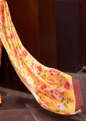 Saffron Yellow Floral Printed Satin Crepe Saree - Colorful Saree