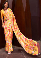 Saffron Yellow Floral Printed Satin Crepe Saree - Colorful Saree