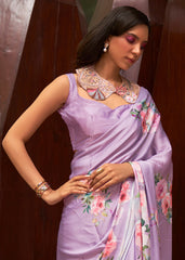 Lavender Purple Floral Printed Satin Crepe Saree - Colorful Saree