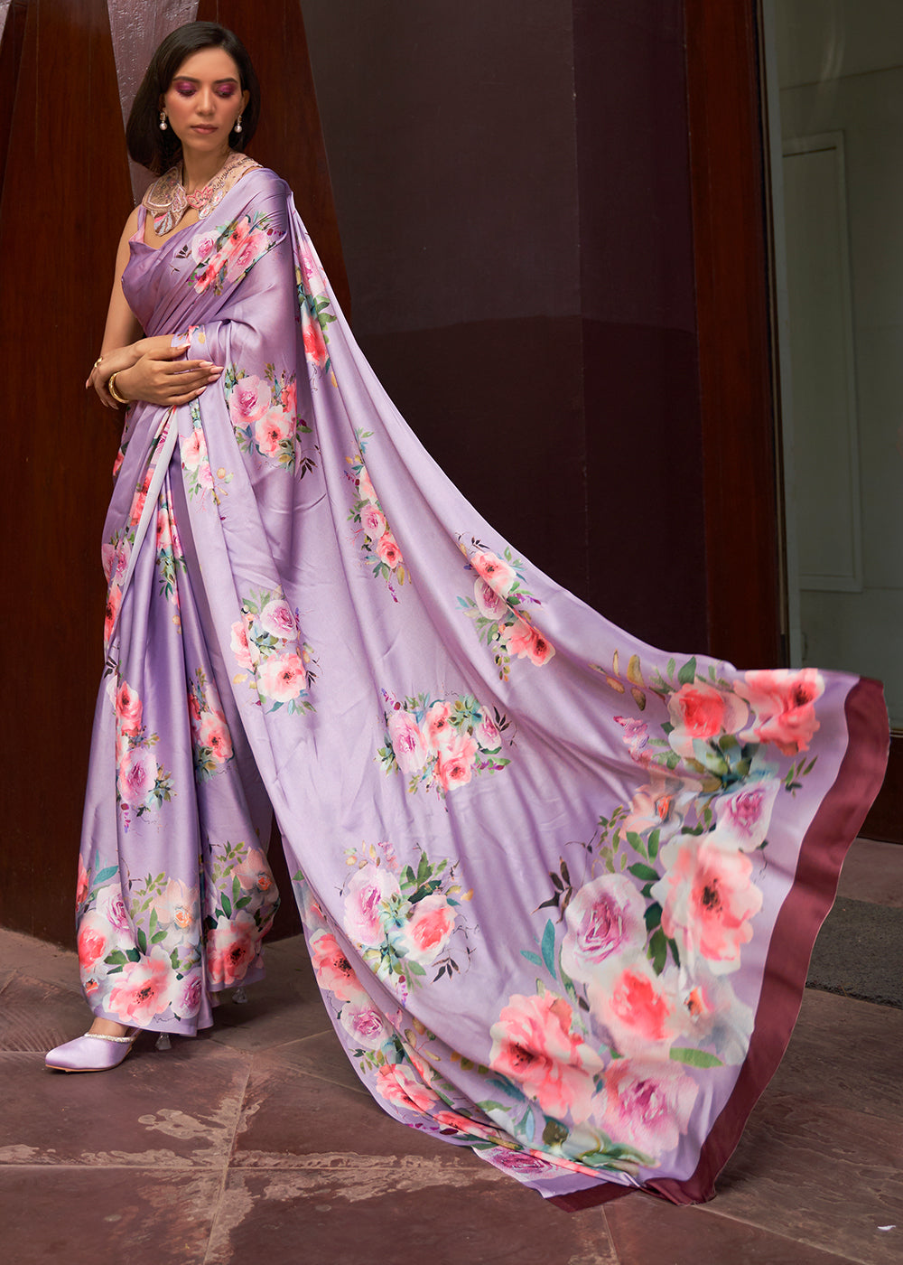 Lavender Purple Floral Printed Satin Crepe Saree - Colorful Saree