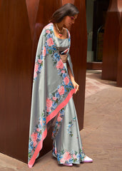 Metal Grey Floral Printed Satin Crepe Saree - Colorful Saree