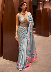 Metal Grey Floral Printed Satin Crepe Saree - Colorful Saree