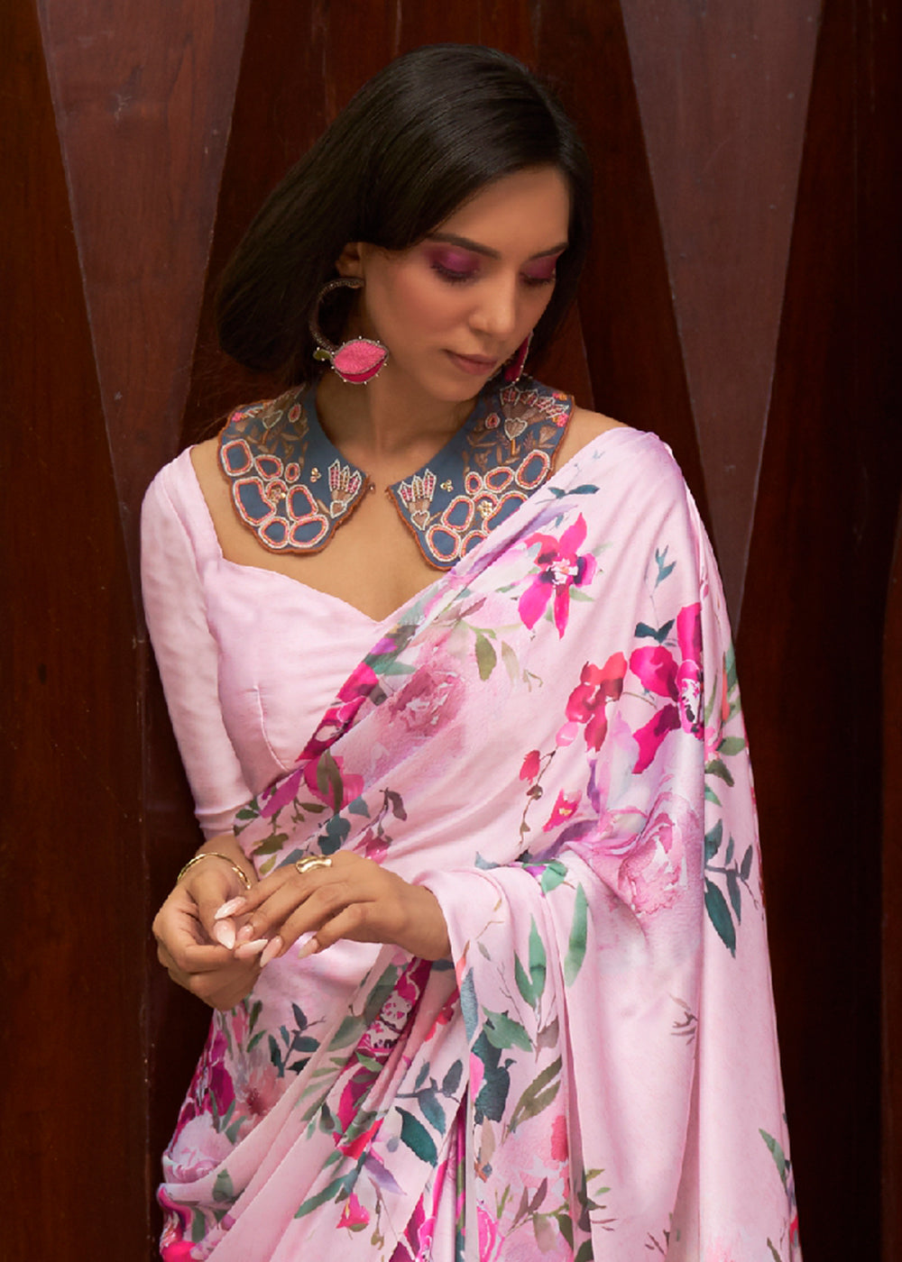 Blush Pink Floral Printed Satin Crepe Saree - Colorful Saree