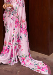 Blush Pink Floral Printed Satin Crepe Saree - Colorful Saree