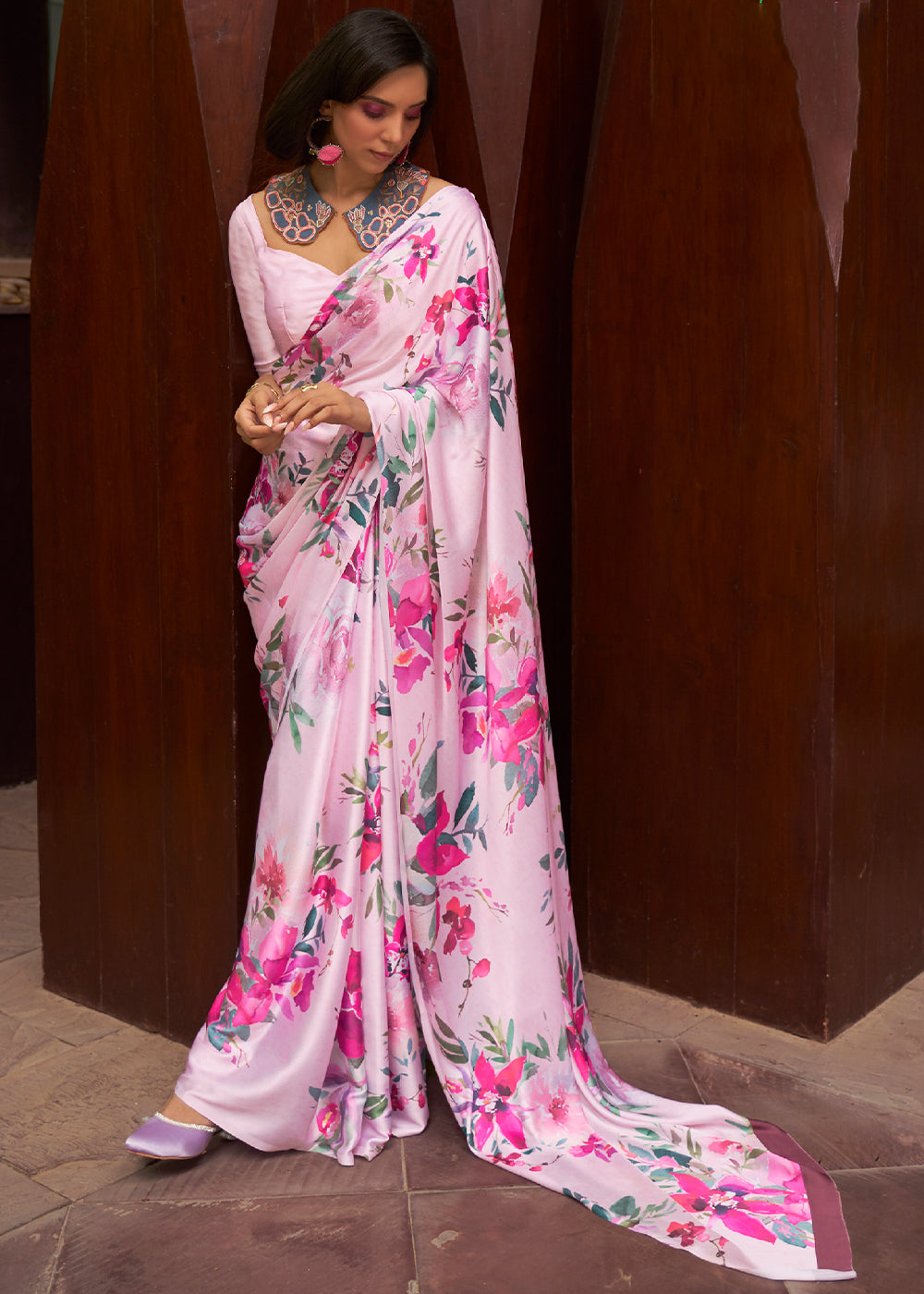 Blush Pink Floral Printed Satin Crepe Saree - Colorful Saree