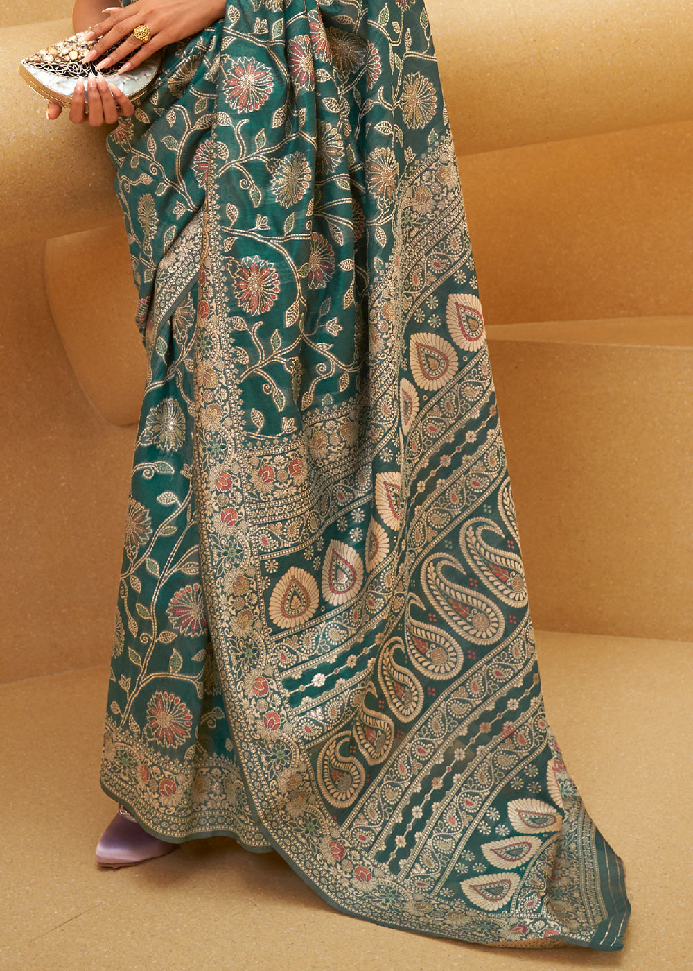 Pine Green Lucknowi Chikankari Weaving Silk Saree - Colorful Saree