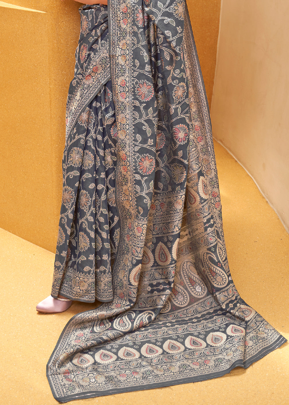 Iron Grey Lucknowi Chikankari Weaving Silk Saree - Colorful Saree