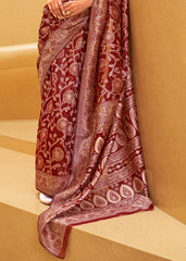 Crimson Red Lucknowi Chikankari Weaving Silk Saree - Colorful Saree