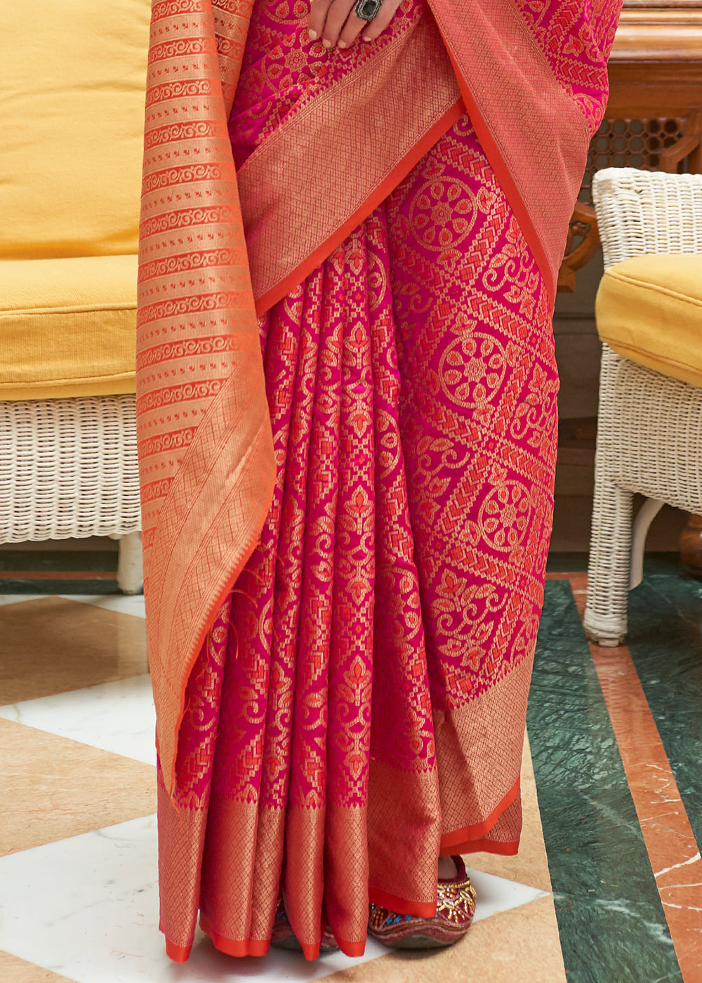 Hot Pink Zari Woven Patola Silk Saree - Colorful Saree