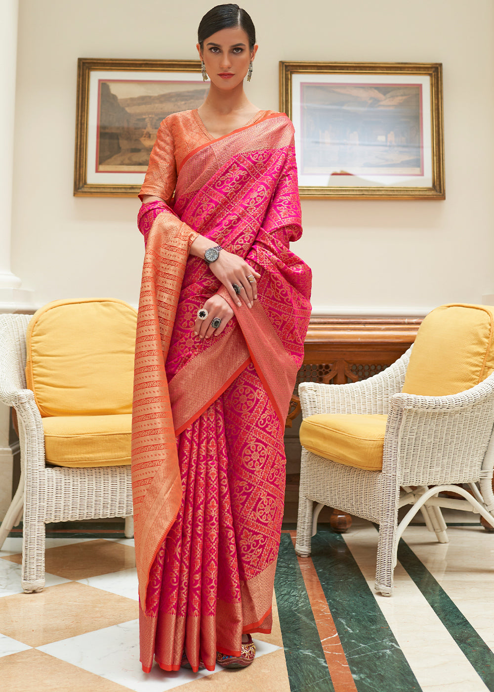 Hot Pink Zari Woven Patola Silk Saree - Colorful Saree