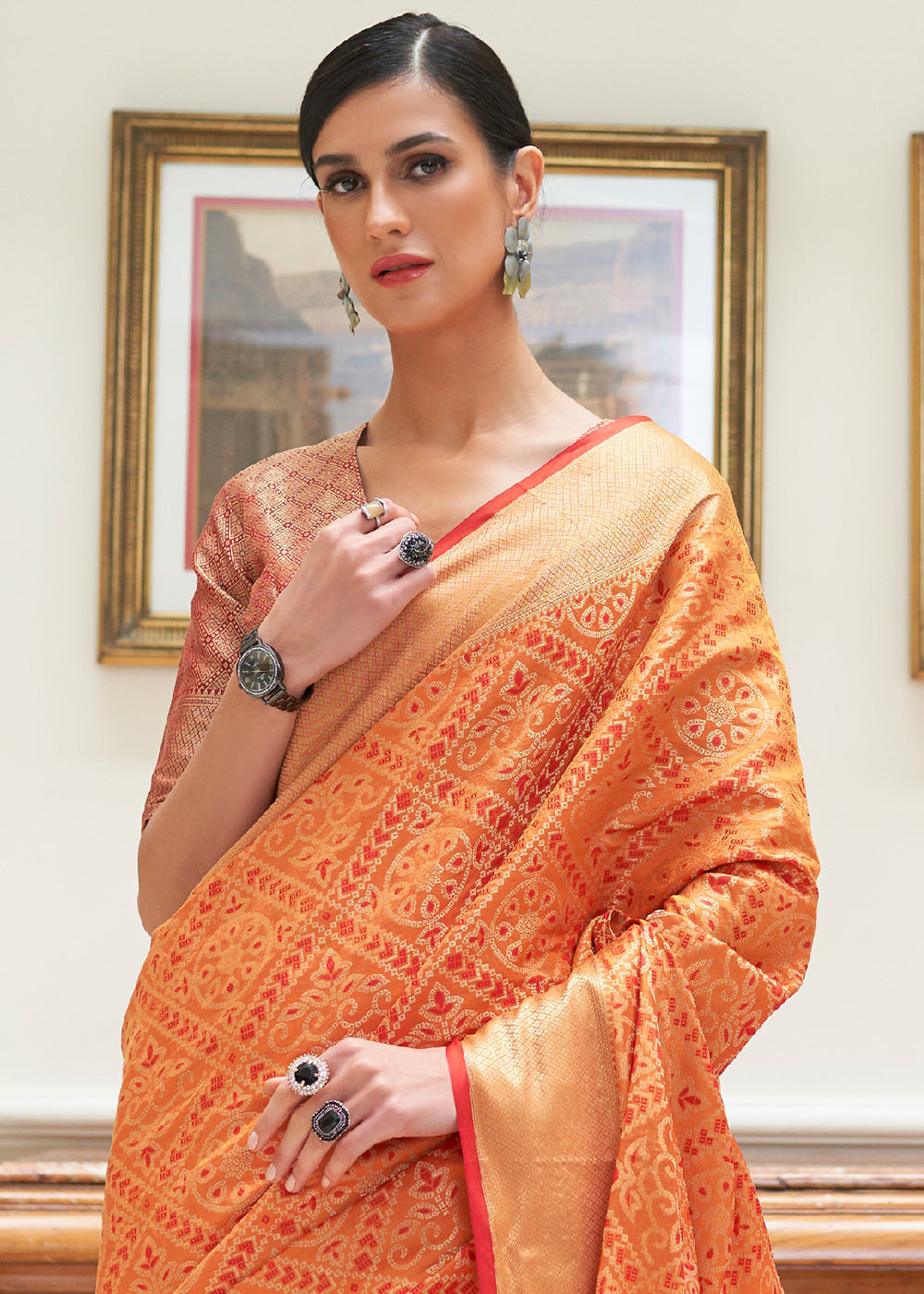 Carrot Orange Zari Woven Patola Silk Saree - Colorful Saree