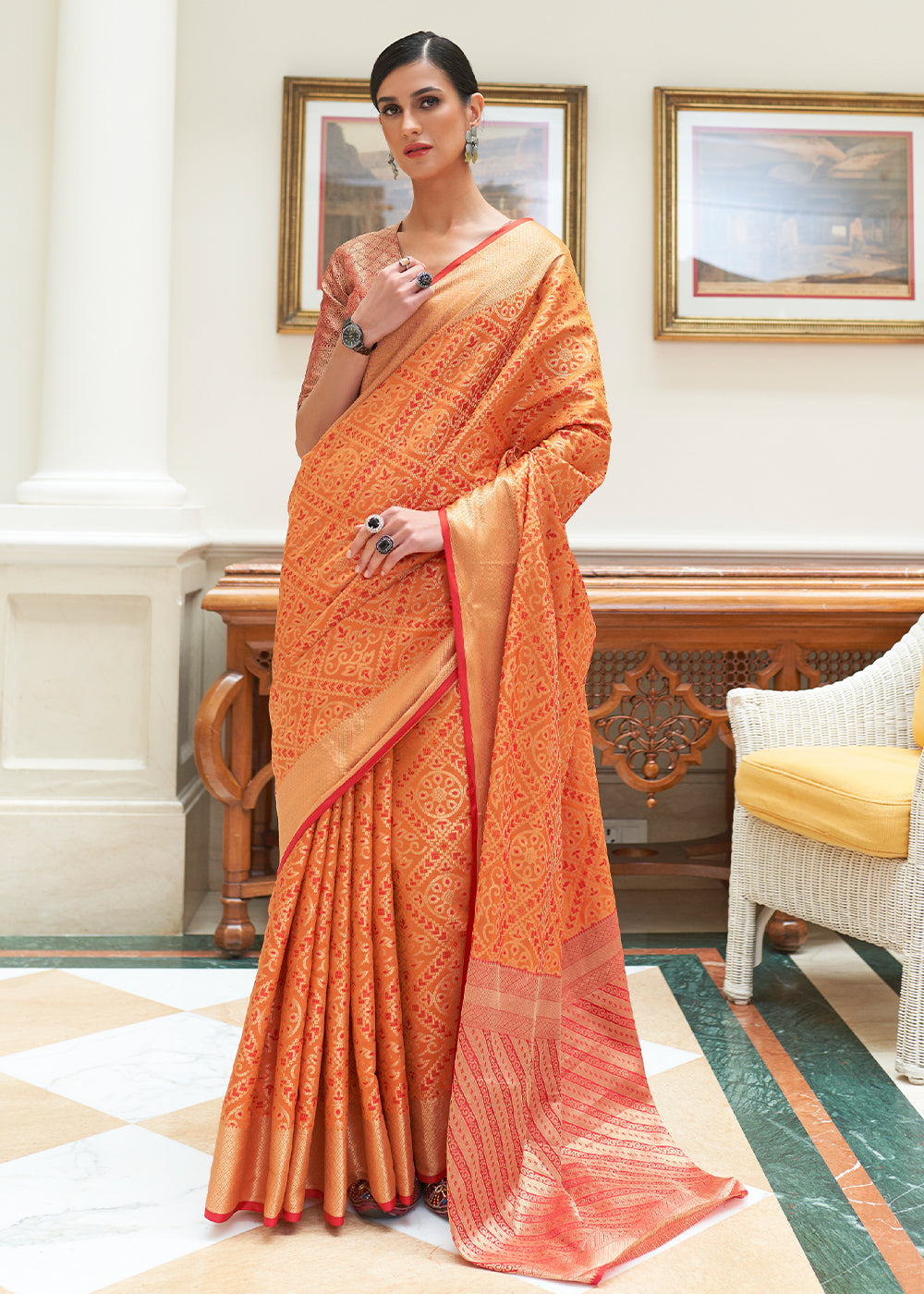 Carrot Orange Zari Woven Patola Silk Saree - Colorful Saree