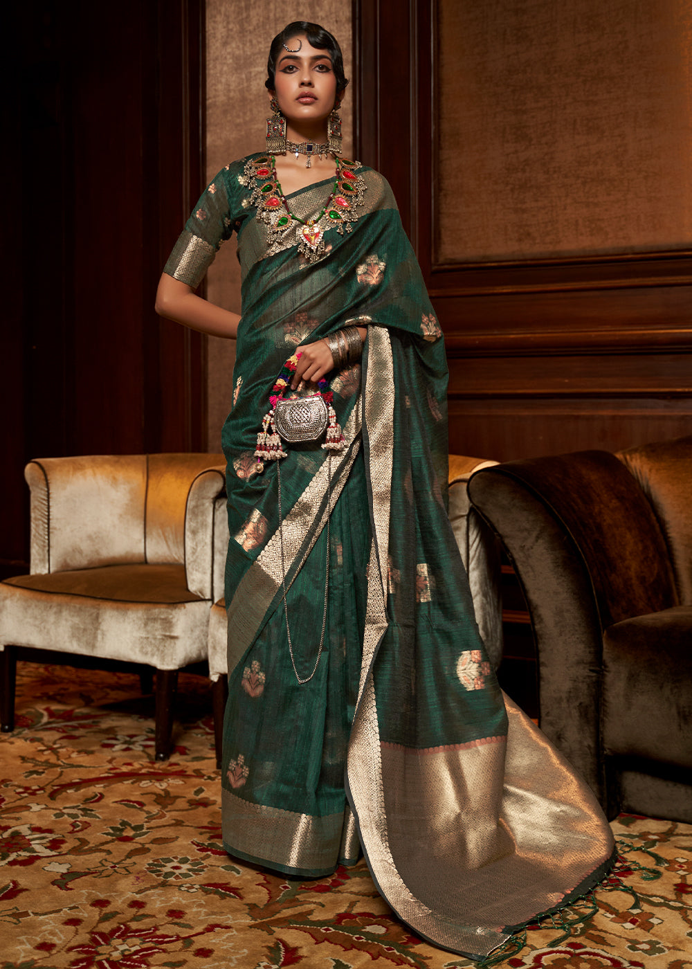 Deep Forest Green Handloom Weaving Silk Saree - Colorful Saree