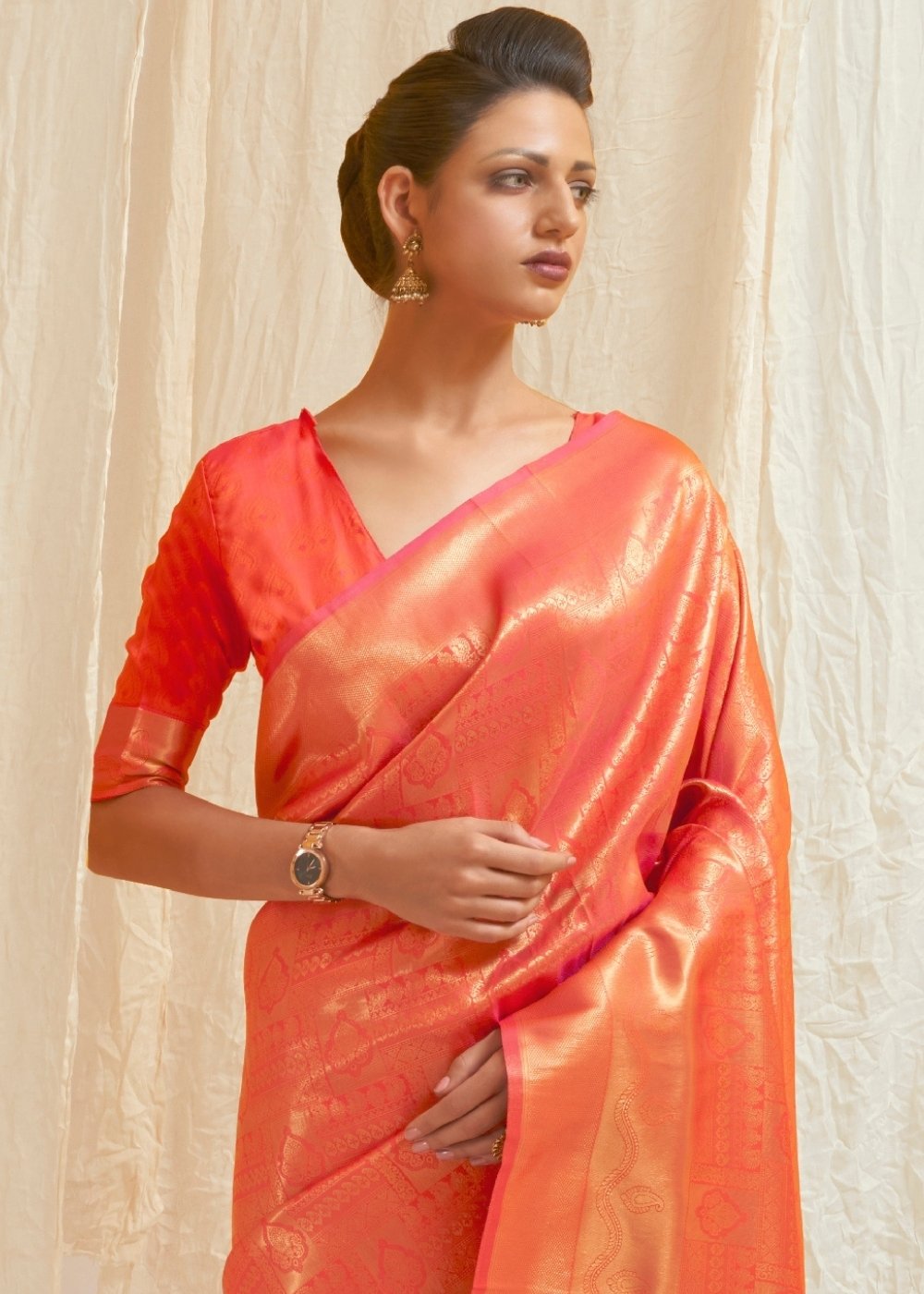 Salmon Orange & Golden Blend Kanjivaram Silk Saree - Colorful Saree