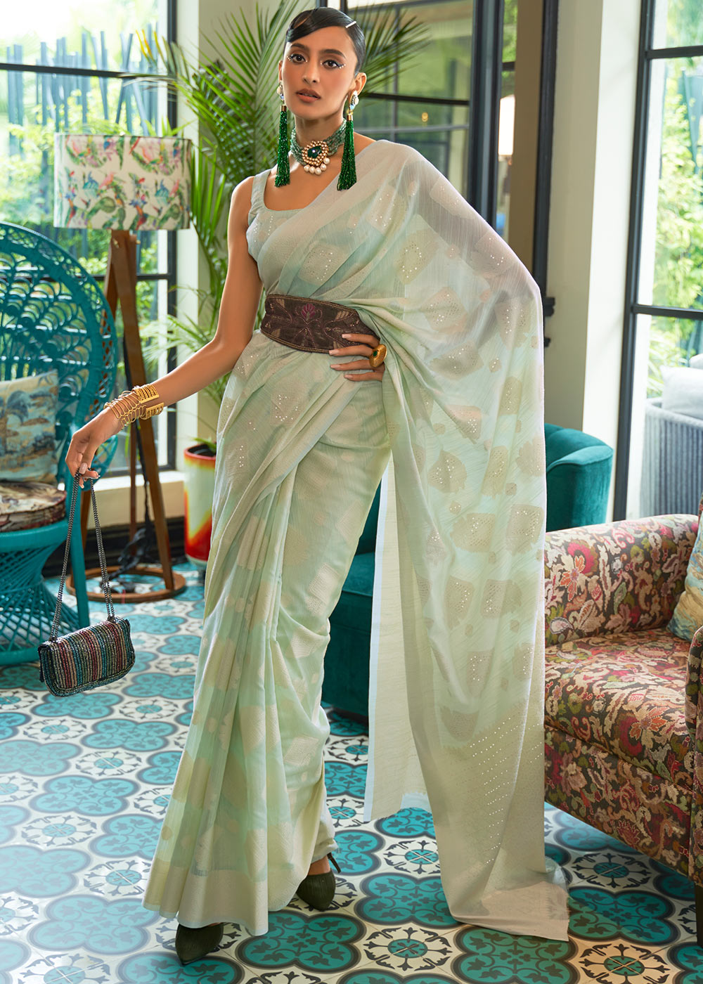 Shades Of Green Chikankari Weaving Silk Saree with Sequins work - Colorful Saree