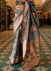 Charcoal Grey Zari Woven Handloom Weaving Silk Saree - Colorful Saree