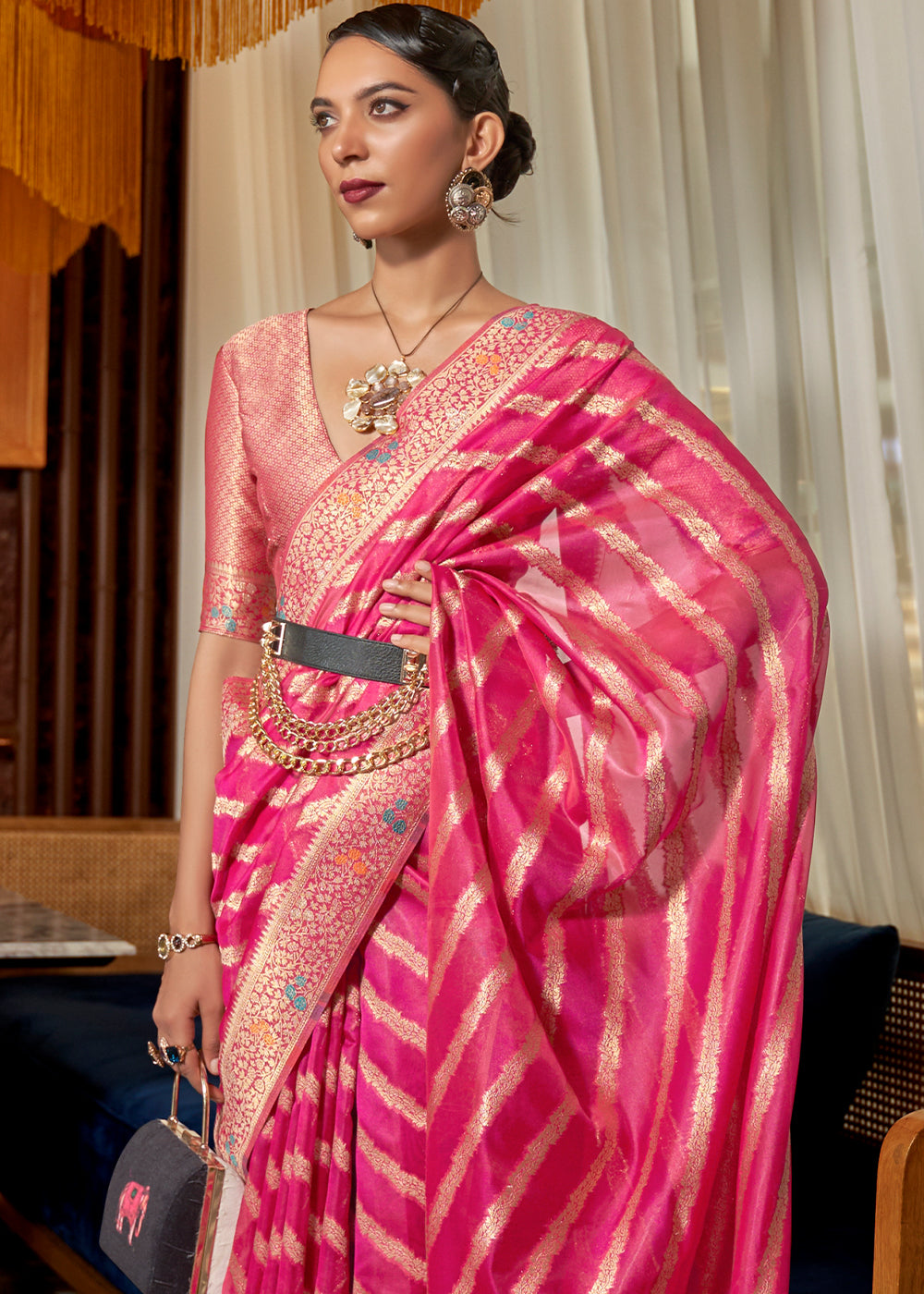 Bright Pink Two Tone Meenakari Weaving Organza Silk Saree - Colorful Saree