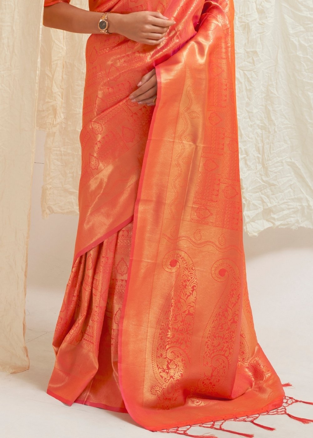 Salmon Orange & Golden Blend Kanjivaram Silk Saree - Colorful Saree