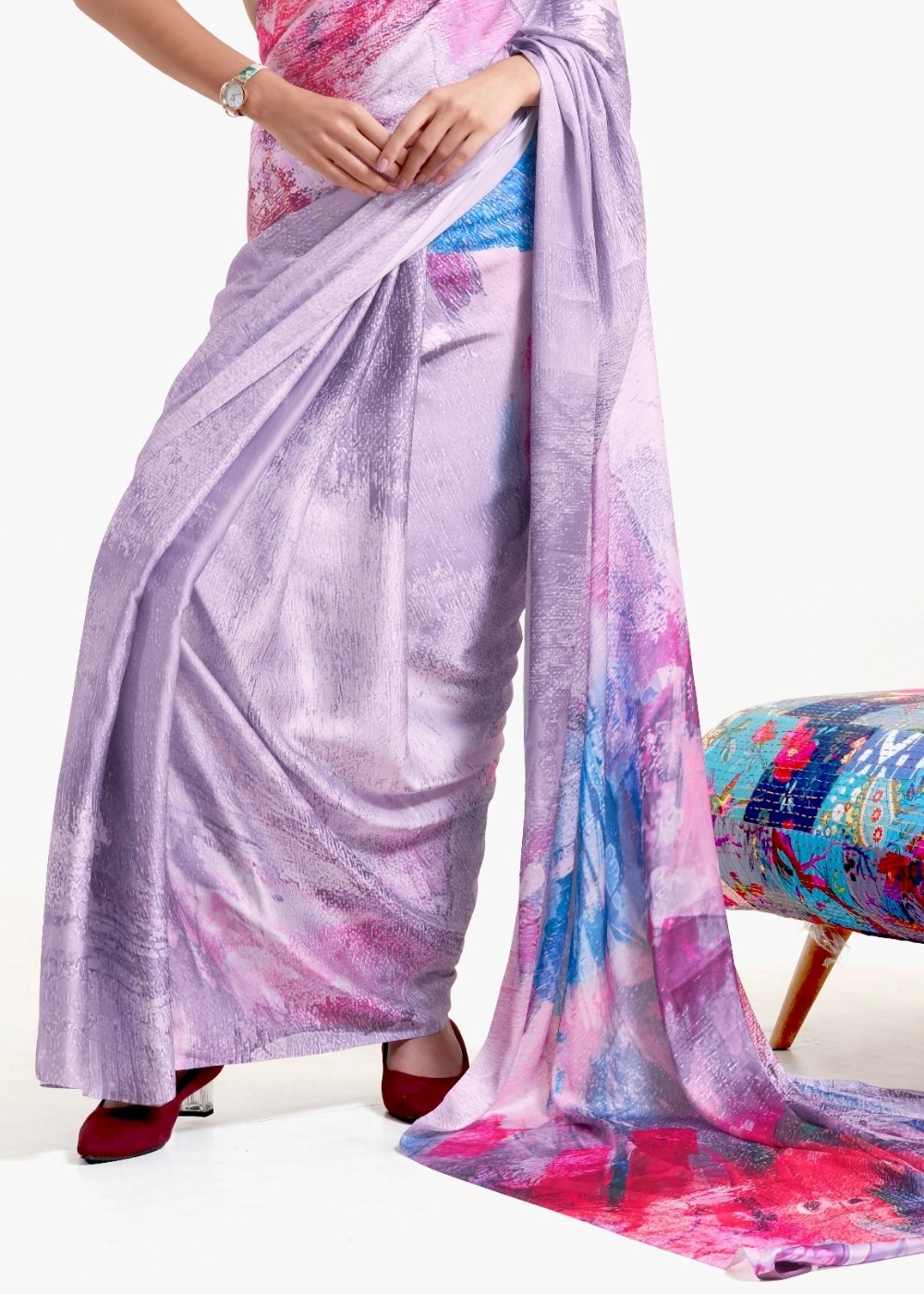 Periwinkle Purple Digital Printed Satin Crepe Saree - Colorful Saree