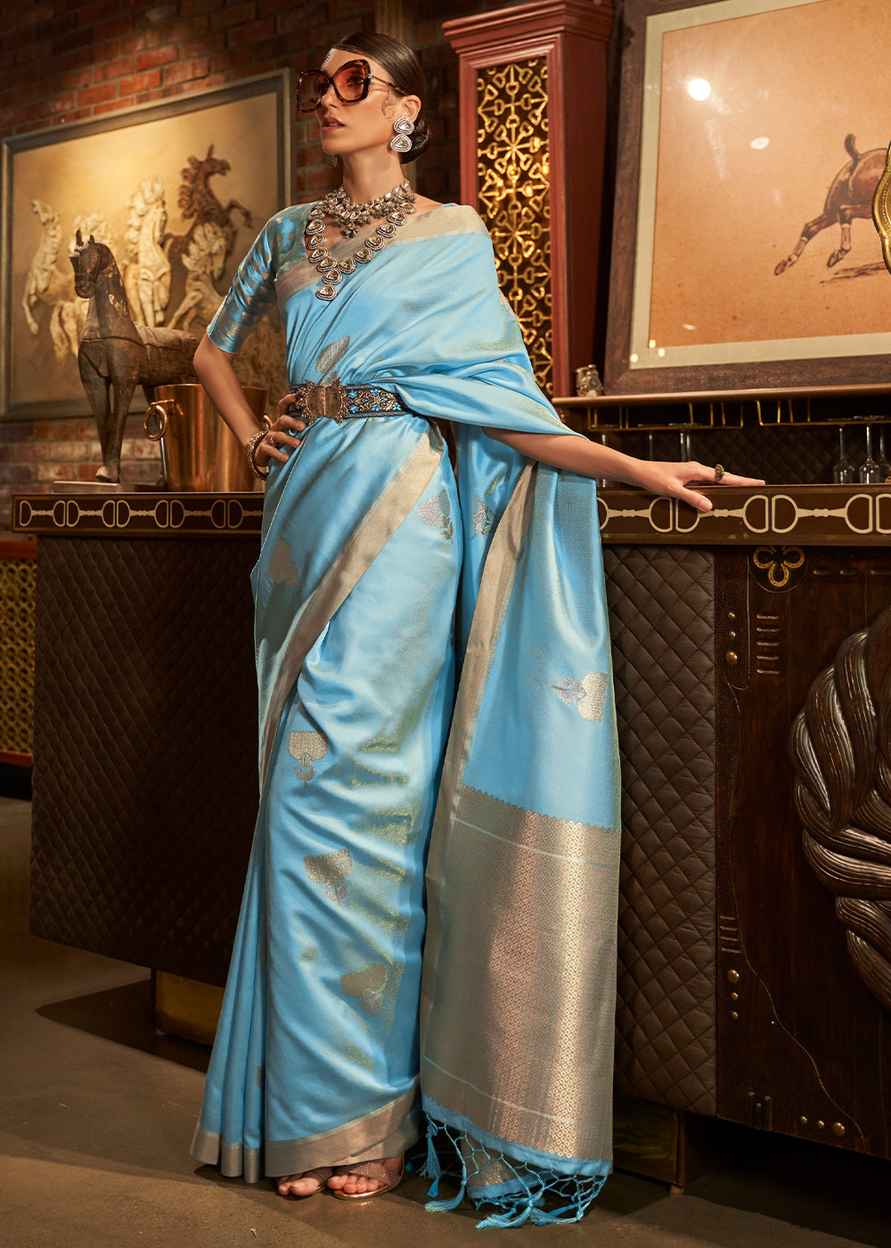 Cyan Blue Copper Zari Woven Designer Silk Saree - Colorful Saree