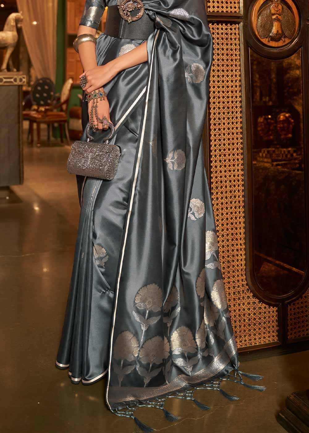 Anchor Grey Zari Woven Satin Silk Saree - Colorful Saree