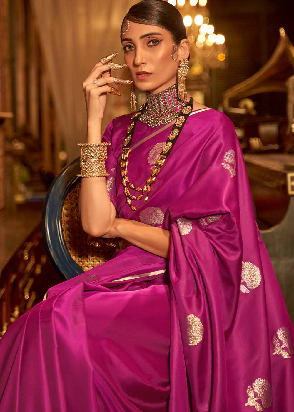 Magenta Pink Zari Woven Satin Silk Saree - Colorful Saree