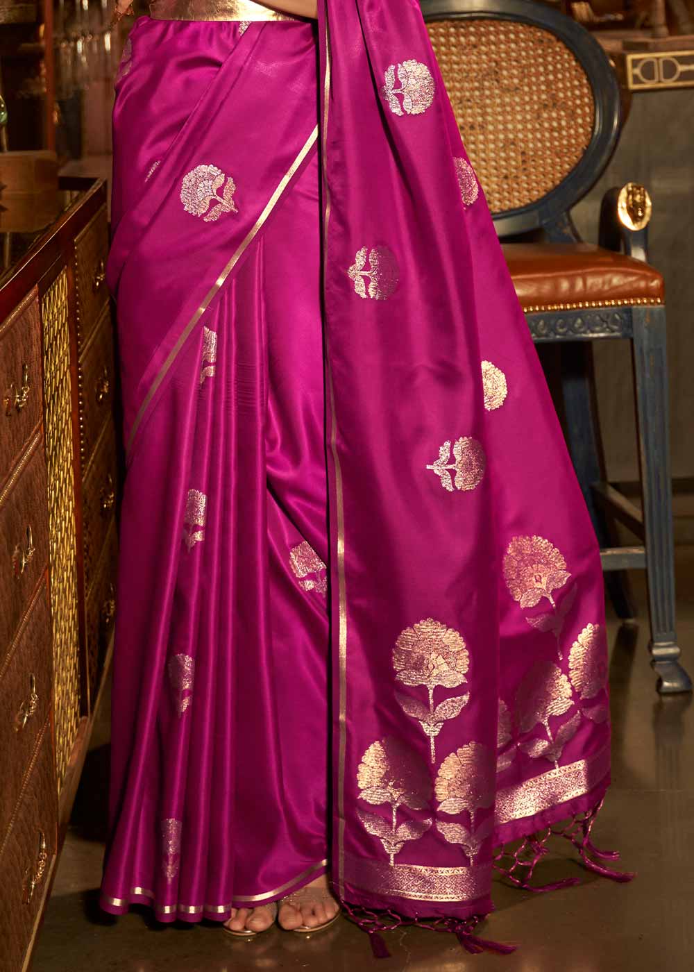 Magenta Pink Zari Woven Satin Silk Saree - Colorful Saree