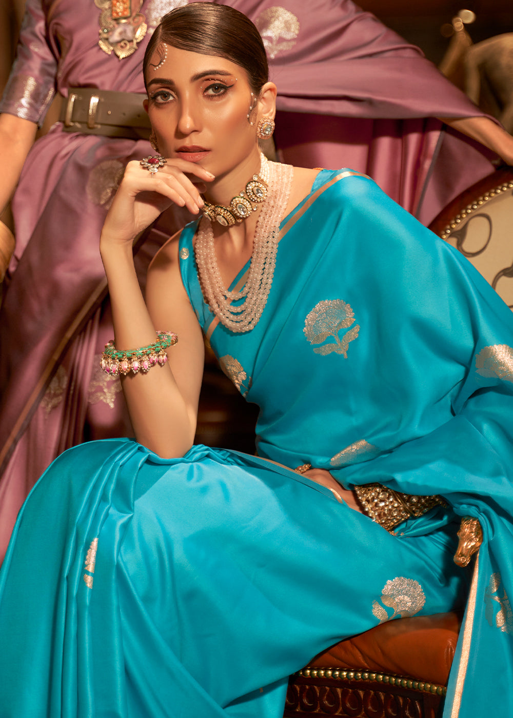 Cyan Blue Zari Woven Satin Silk Saree - Colorful Saree