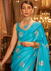 Cyan Blue Zari Woven Satin Silk Saree - Colorful Saree