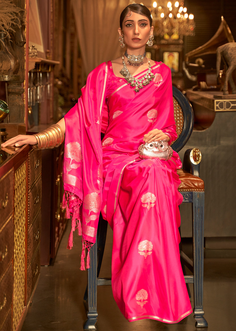 Hot Pink Zari Woven Satin Silk Saree - Colorful Saree