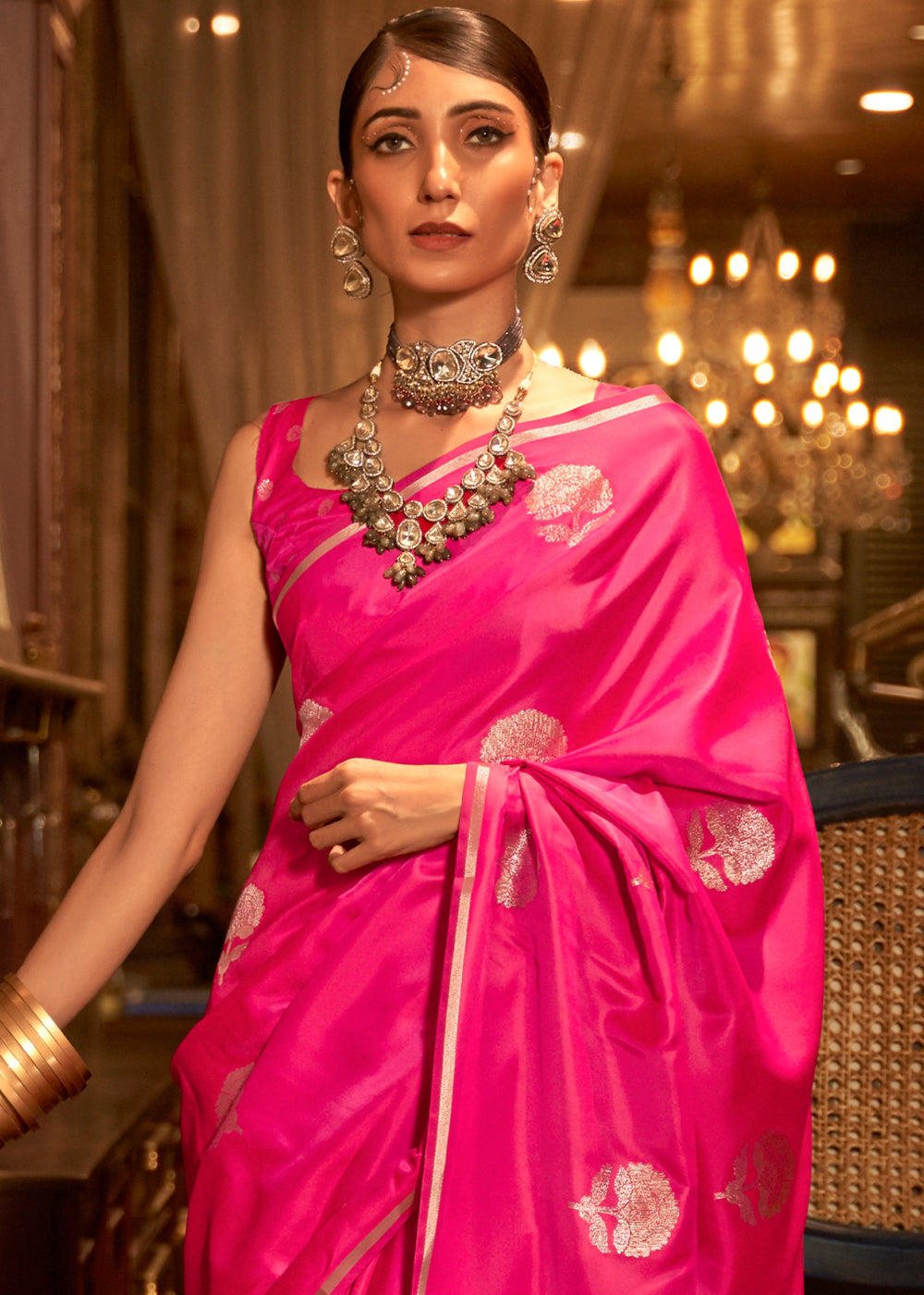 Hot Pink Zari Woven Satin Silk Saree - Colorful Saree