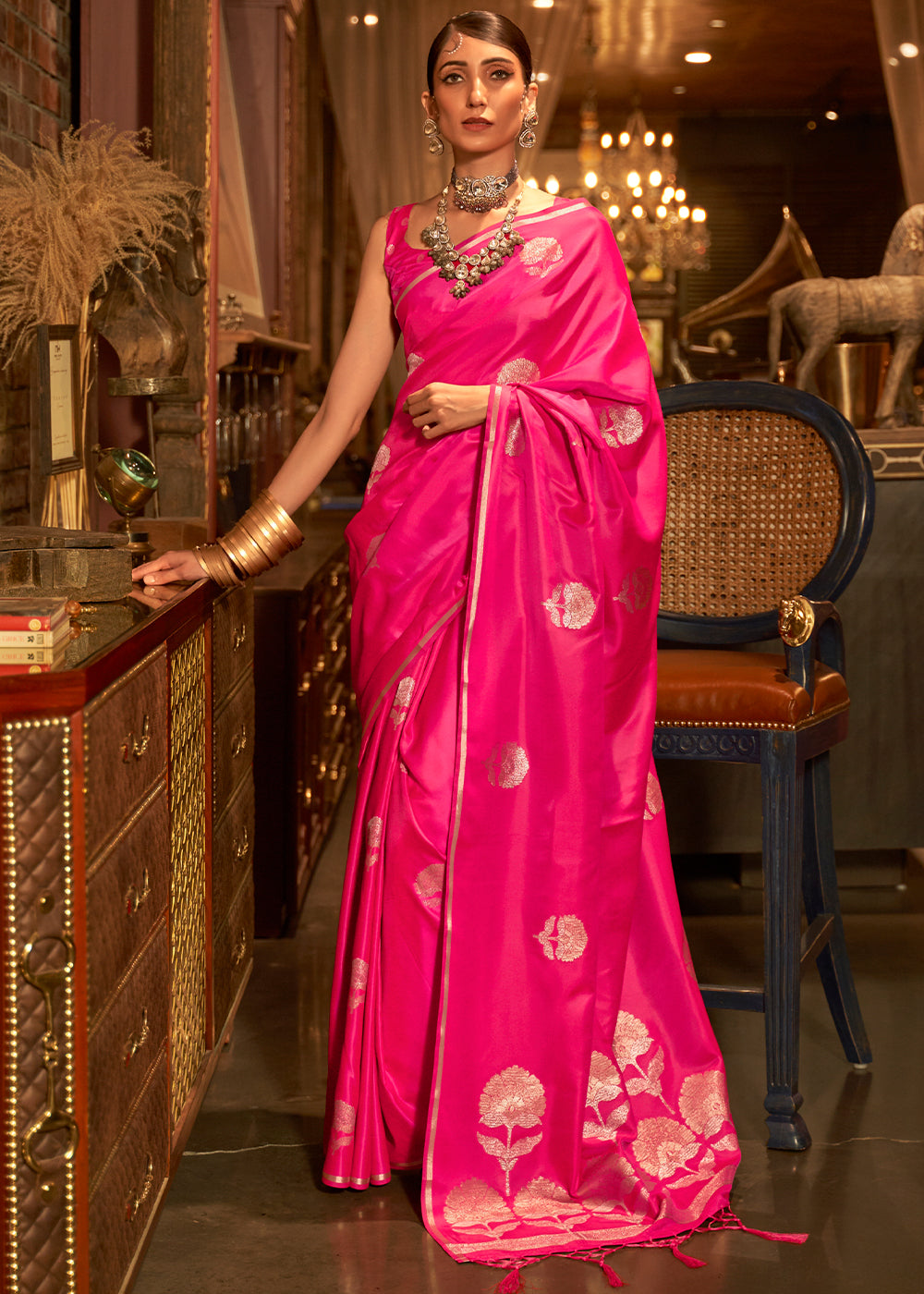 Hot Pink Zari Woven Satin Silk Saree - Colorful Saree