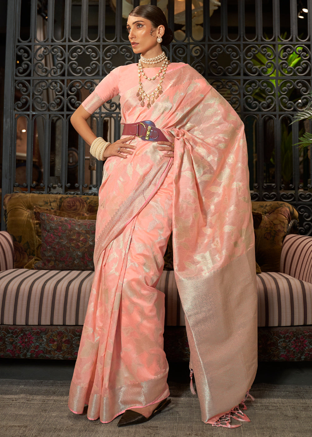 Coral Pink Handloom Woven Designer Silk Saree - Colorful Saree